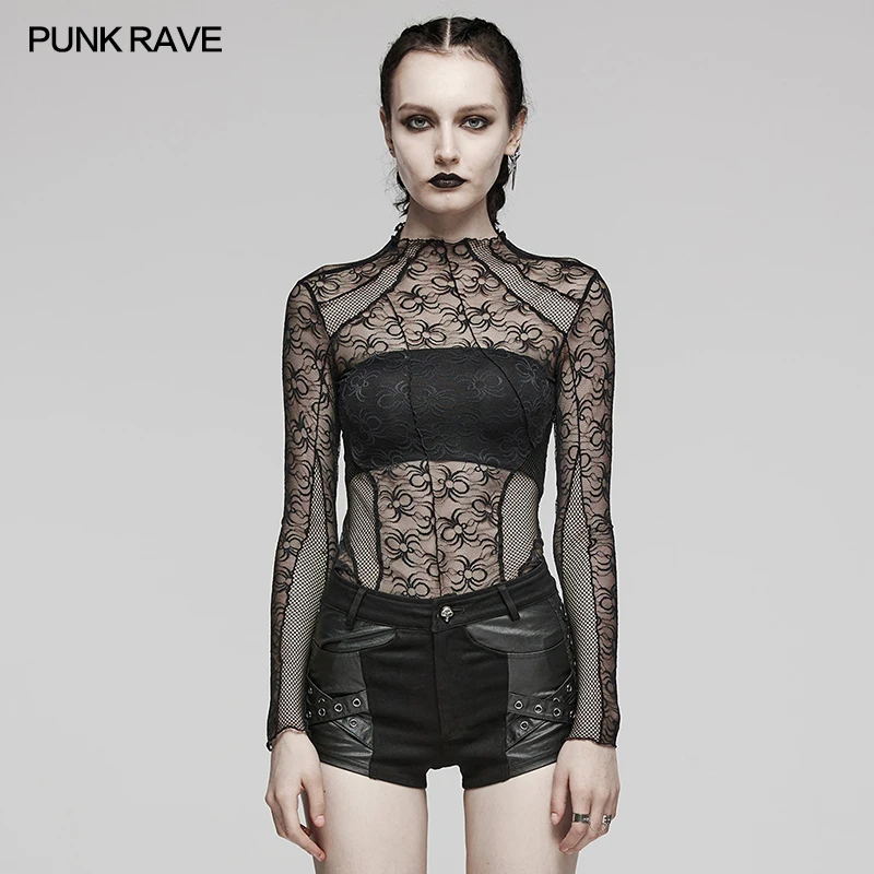 

PUNK RAVE Women's Cyber Punk Slim Spliced Spider Texture Patchwork T-shirt Daily Unique Irregular Tops Women Clothes Summer