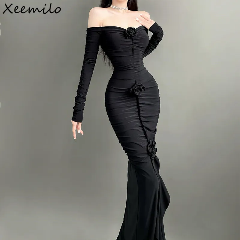 Xeemilo Sexy Slash-neck 3d Flower Ruched Dress French Elegant Off Shoulder Long Sleeve Fishtail Dresses 2024 Party Evening Dress