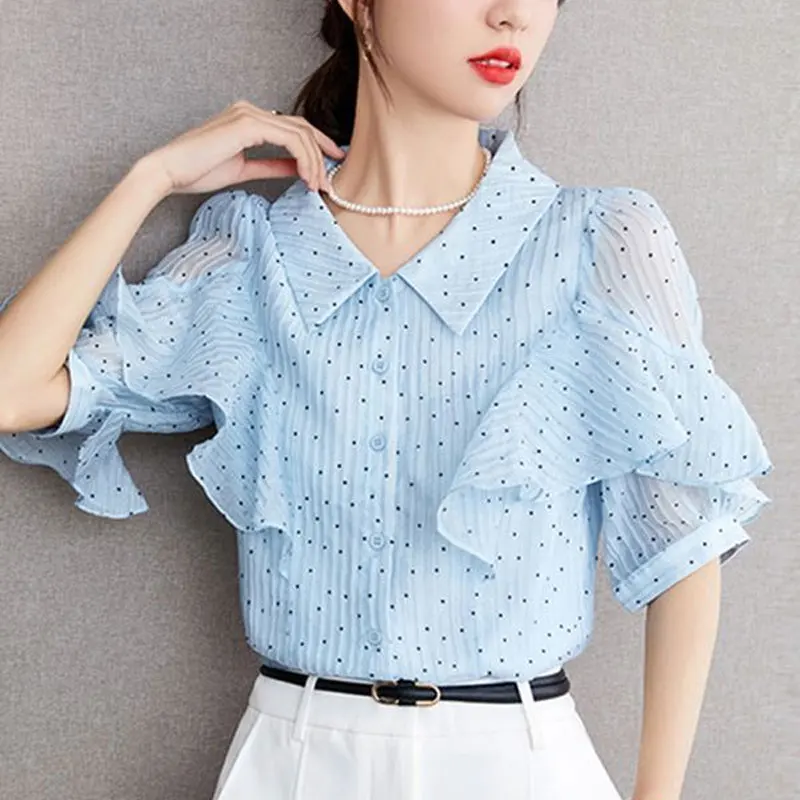 Office Lady Polka Dot Shirt Sweet Ruffles Spliced Women\'s Clothing Commute Single-breasted 2024 Summer Short Sleeve Lapel Blouse