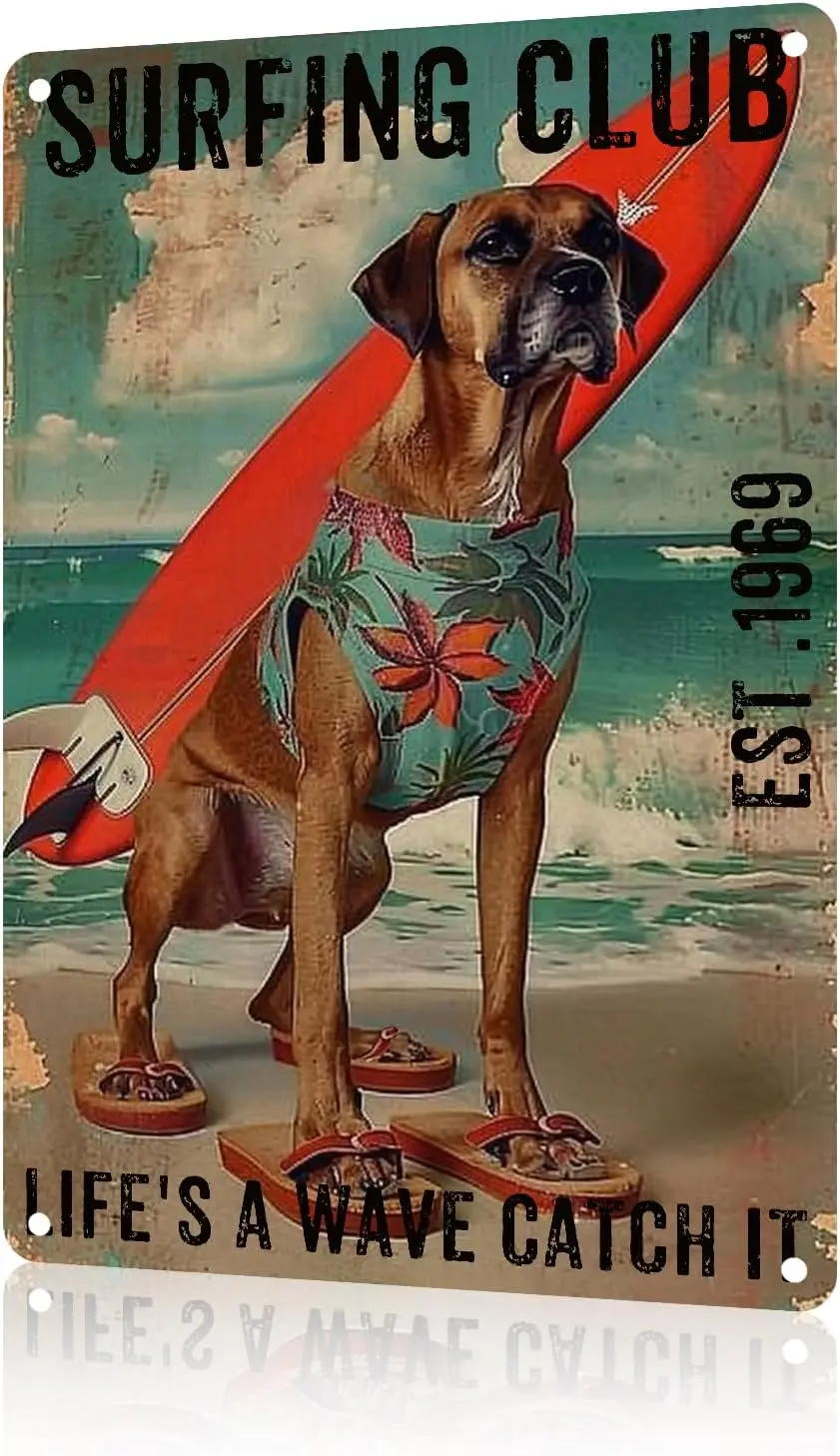 Dog Surfing Metal Tin Sign Surfing Club Vintage Dog Sign For Beach Bar 8x12 inch