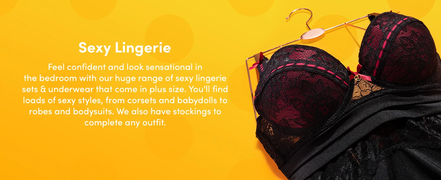 Black and burgundy lace lingerie piece displayed on a gold hanger against an orange background with promotional text for plus-size lingerie collection.
