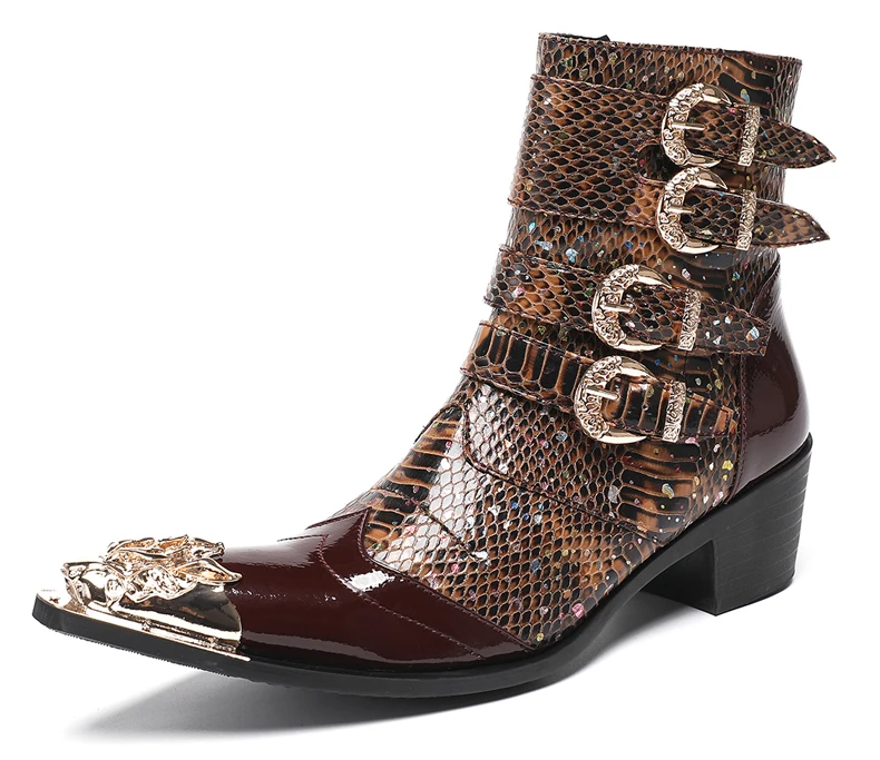 Neue Punk Stil Niet Gürtel Schnalle Dekor Männer Mid-Kalb Stiefel Metall Spitz Spleißen Leder Schuhe Männlich Lace-up Motorrad Stiefel – Detail 12