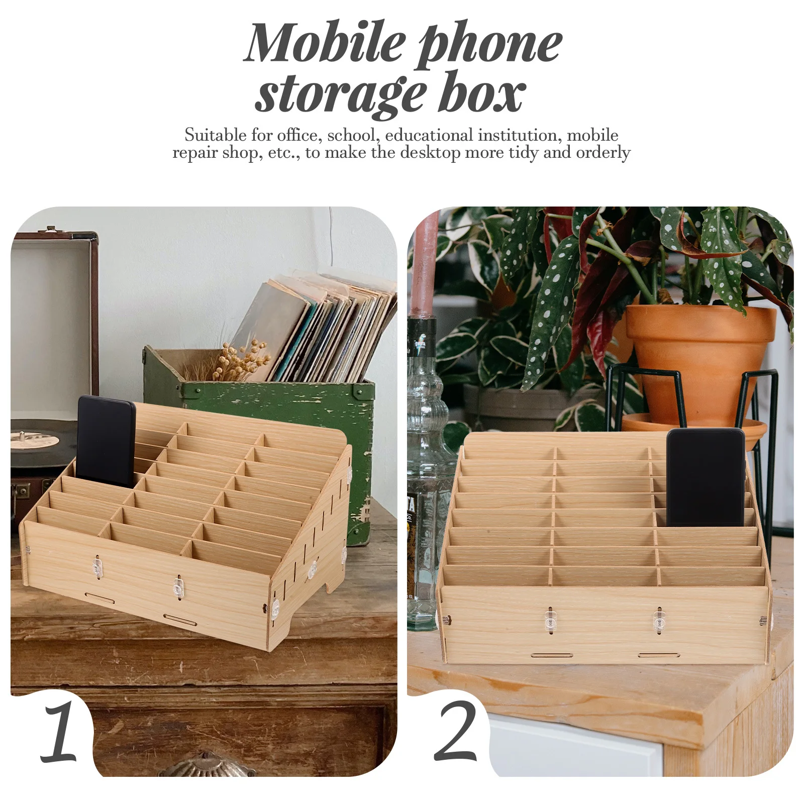 

Wooden Desktop Storage Box 24 Grids Cell Phone Holder Organizer Desktop Container for Office School Home Cosmetics Supplies