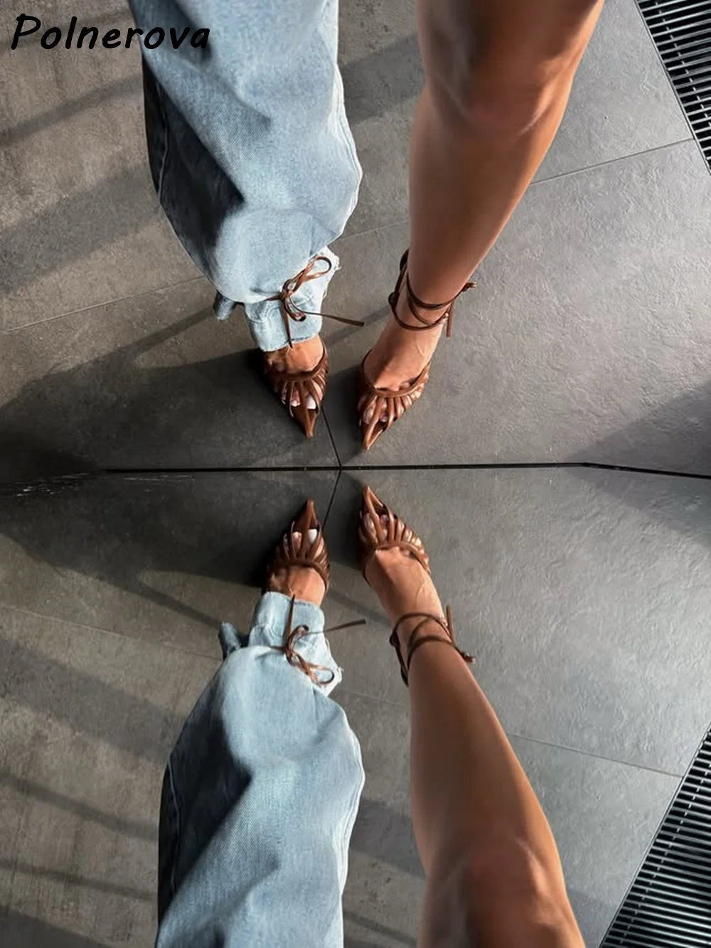 Brown Caged Lace Up Sandals Thin Heels Pointed Toe Stiletto Gladiator Sandals Party Dress Shoes Solid Summer Women Concise Shoes view 3