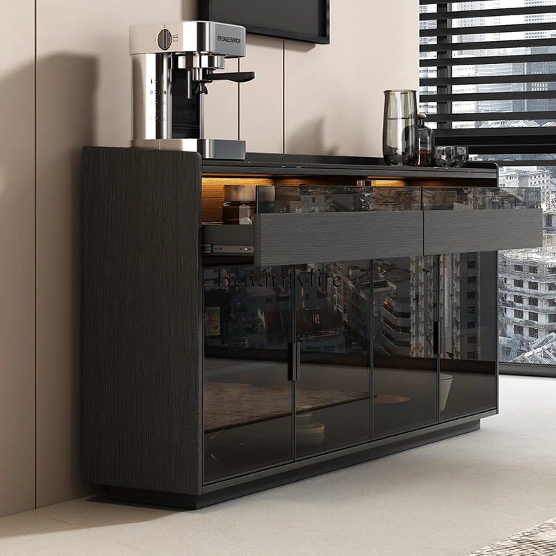 **Modern simple rock slab dining side cabinet high-end light luxury solid wood against the wall black tea cabinet