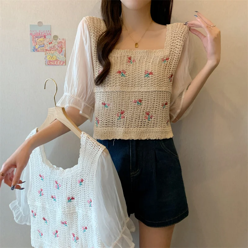 Embroidery Floral Crochet Knit Top with Chiffon Sleeve Square Neck Open-knit Blouse Top Women Spring Summer Fairycore Outfit