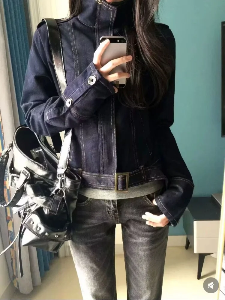 Y2K Streetwear Women 2026 Spring Autumn New Arrival Stitched Stand Collar Belted Cropped Washed Denim Jacket Casual Daily Outfit