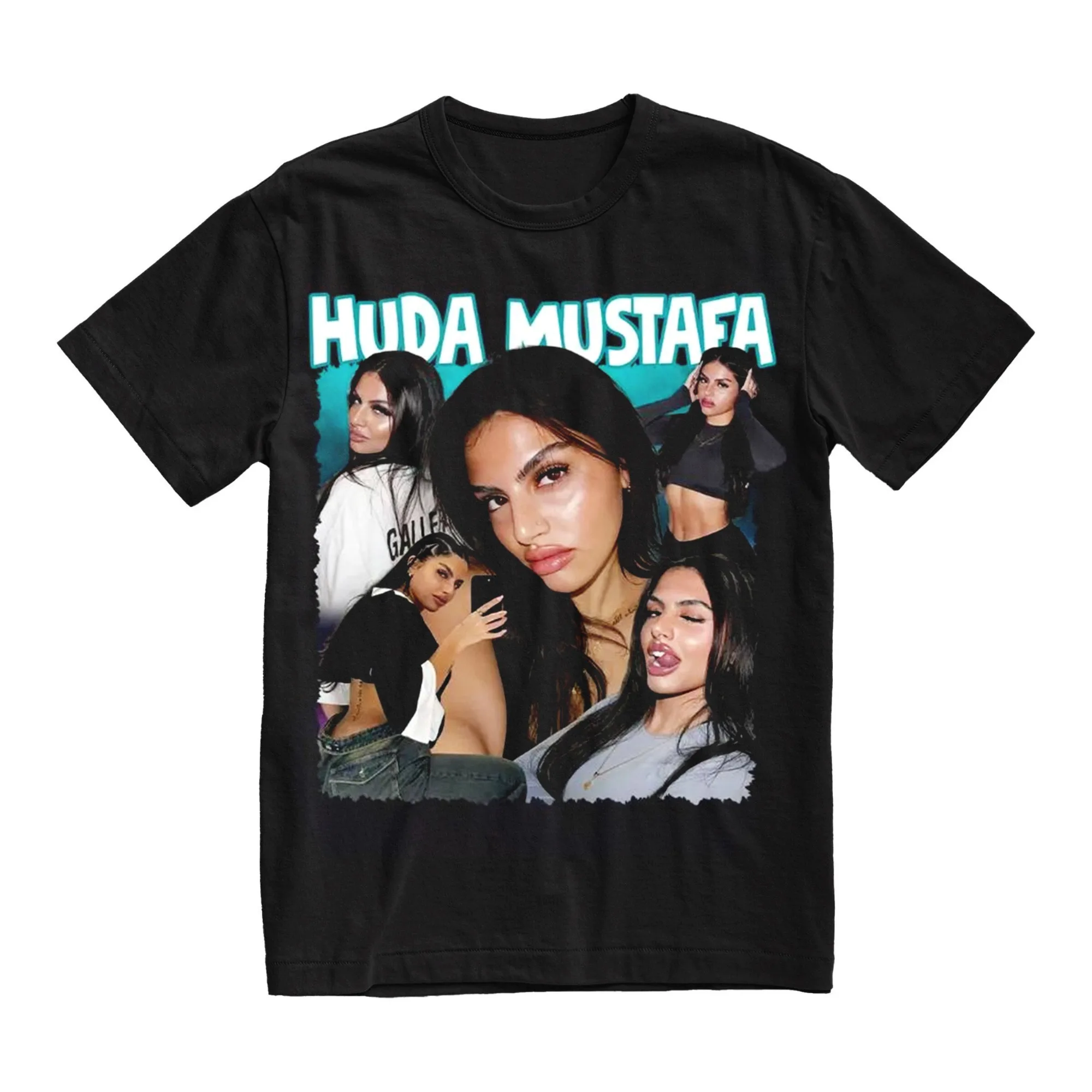 Vintage Huda Mustafa Graphic TShirt for Men Pure Cotton Crewneck Love Island Tv Show Short Sleeve Print for Fan Unseix Top