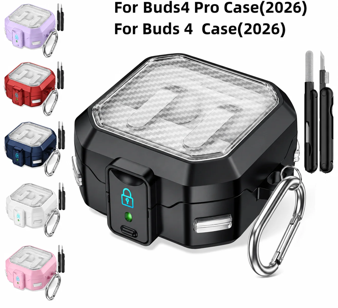 for Samsung Galaxy Buds 4/Buds4 Pro 2026 Case with Security Lock buds4 Earbuds Carbon fiber texture for Galaxy Buds4 Pro Cover