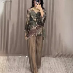 Casual V-neck Print Shirt and Wide-Leg Pants Set Summer Women Long Sleeved Shirt Wide Legged Pants Casual Loose Two Piece Set