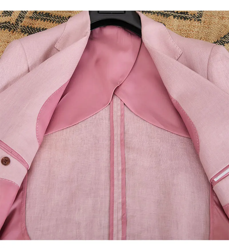 High Quality 100% Linen Italian Stylish Blazer Men Casual Breathable Half Lining Blazer Hombre Vintage Suit Jacket Pink White