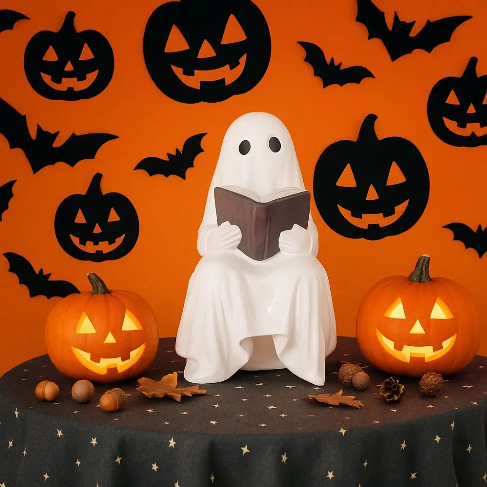 

Cute Ghost Reading Statue Sitting Reading Book Spooky Ghost Figurine Resin Hand Painted Halloween Ghost Figurine Desk Decoration