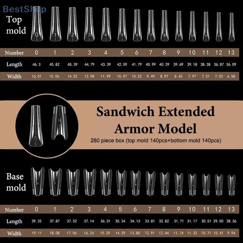 280 قطعة ساندويتش أشكال مزدوجة وصلات لإطالة الأظافر قالب علوي نعش اللوز أكريليك قوالب سفلية 14 أحجام أشكال أظافر