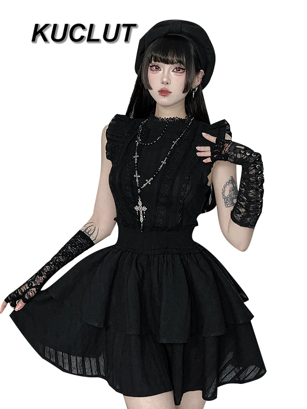 High Street Style Gothic Sleeveless Dress Short Sleeve Shirt Fashion Vintage Y2k Punk Solid Color Women's Casual Dresses