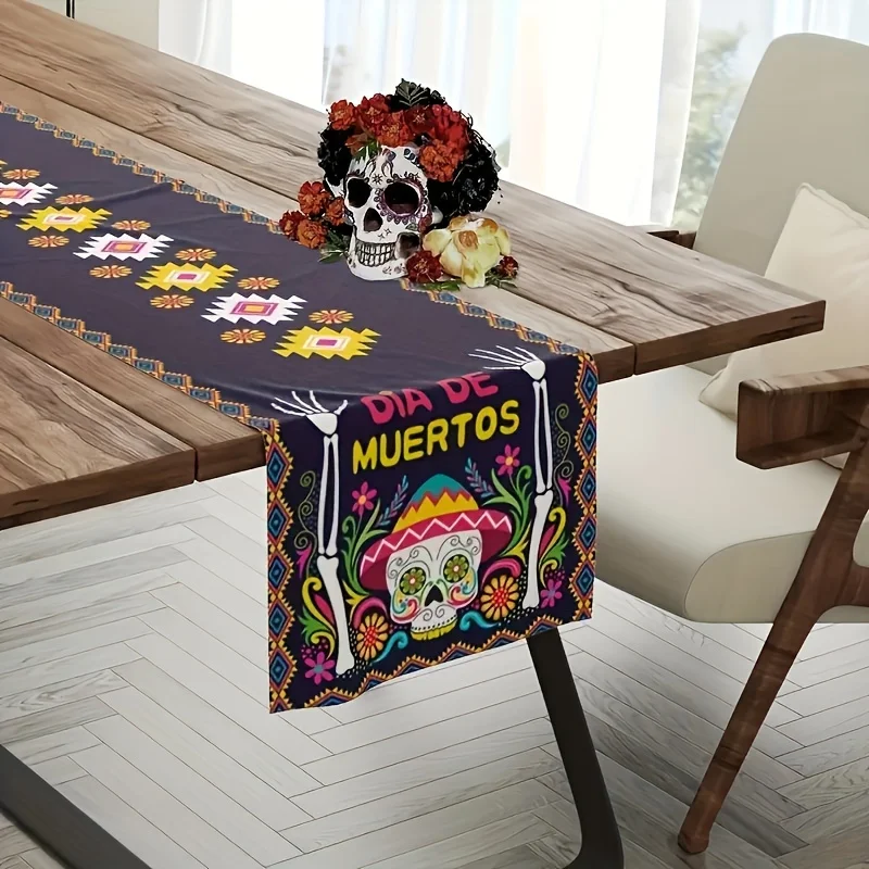 Mexican Day of The Dead Linen Table Runner Party Decor Mexico Dia De Los Muertos Skull Floral Table Runners Kitchen Table Decor