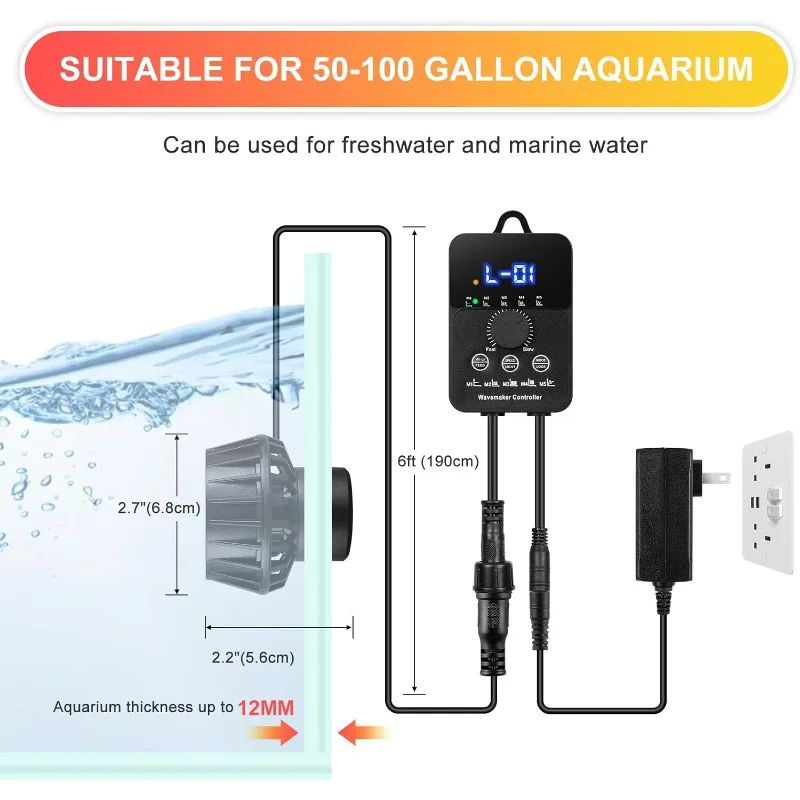 Aquarium Wave Maker with Controller Mini DC 24V 12W Powerhead with Magnetic Mounting