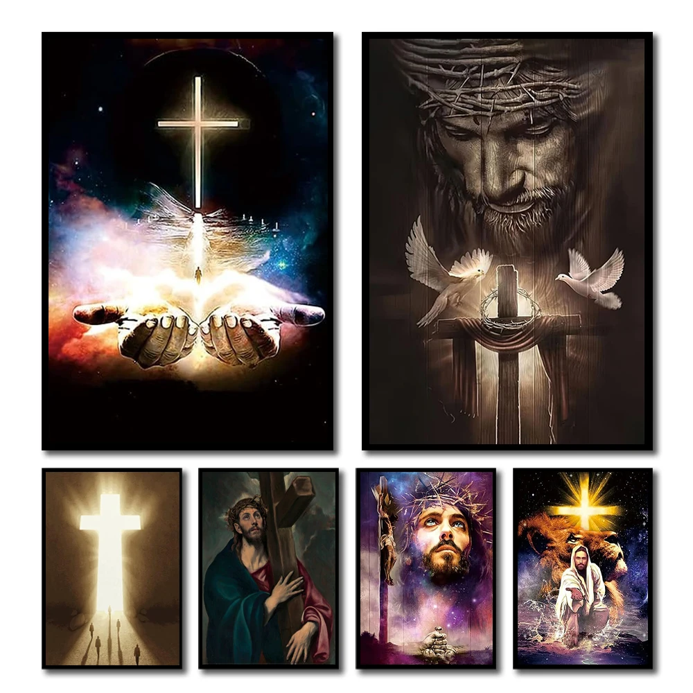 Risen Jesus Cross Art Poster Christian Religion Wall Art Canvas Print Painting Retro Holy Living Room Home Decor No Frame