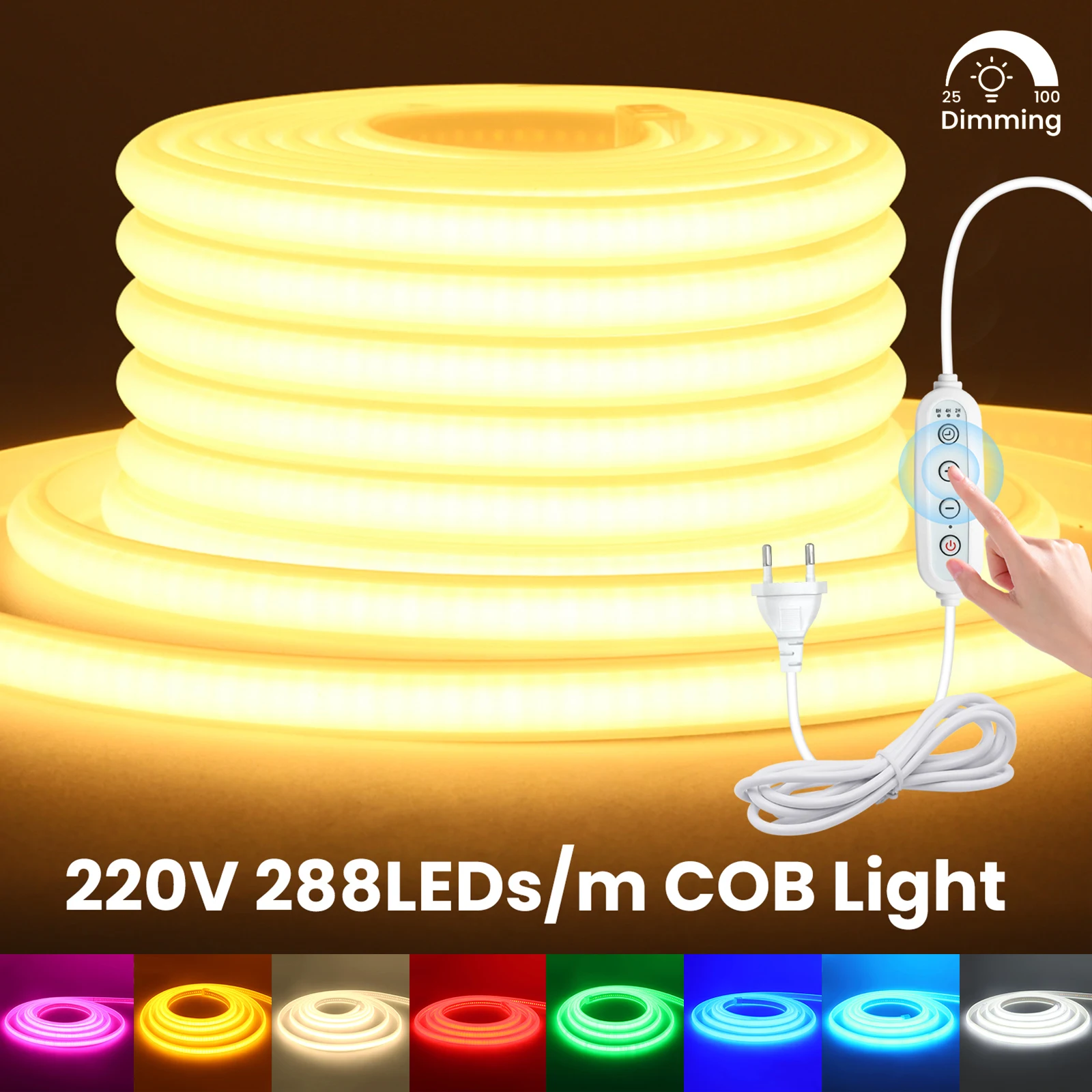 AC 220V Timing Dimmable COB Neon Strip White /Red /Ice Blue /Pink /Yellow /Purple Waterproof Lamp Flexible LED Neon Ribbon Light