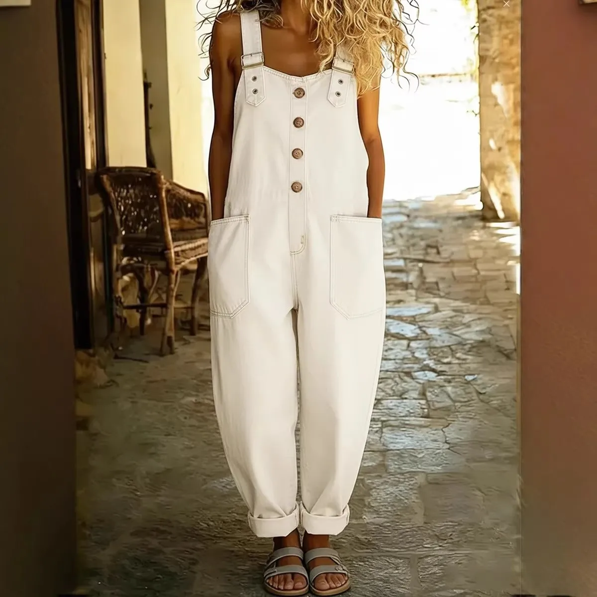 Loose Fit Adjustable Strap Pants British Style with Button Closure Distressed Regular Thickness Full Length Retro Women Jumpsuit