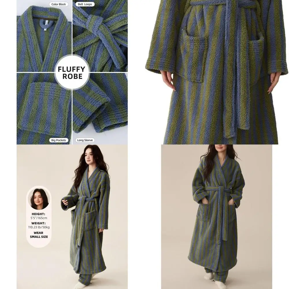 

Luxurious Plush Striped Maxi Robe for Women: Oversized Cozy Bathrobe in Thick Fluffy Loungewear