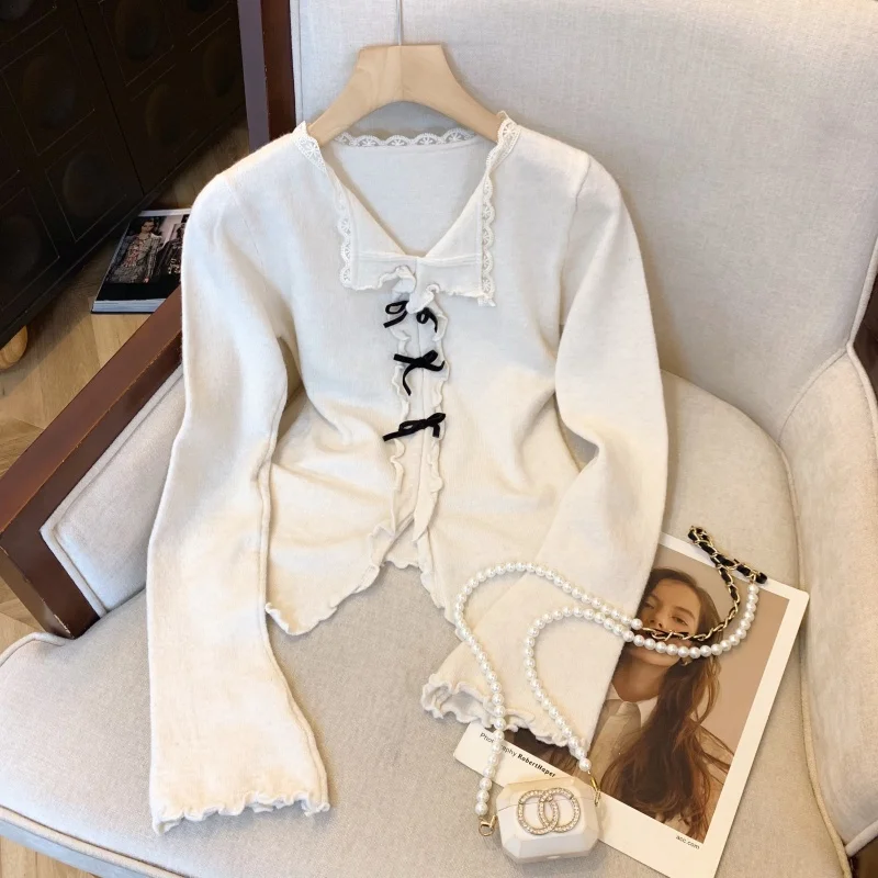 

Women's Bow Collar Long Sleeve Casual Knitted Sweater Y2K French Elegant Aesthetics Cute Retro Autumn/Winter Warm Top Sweater
