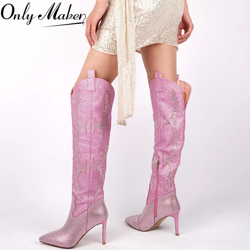 

Onlymaker Women Pink Over The Knee Boots Thin High Heel Lady Decoration Zipper Winter Female Boots