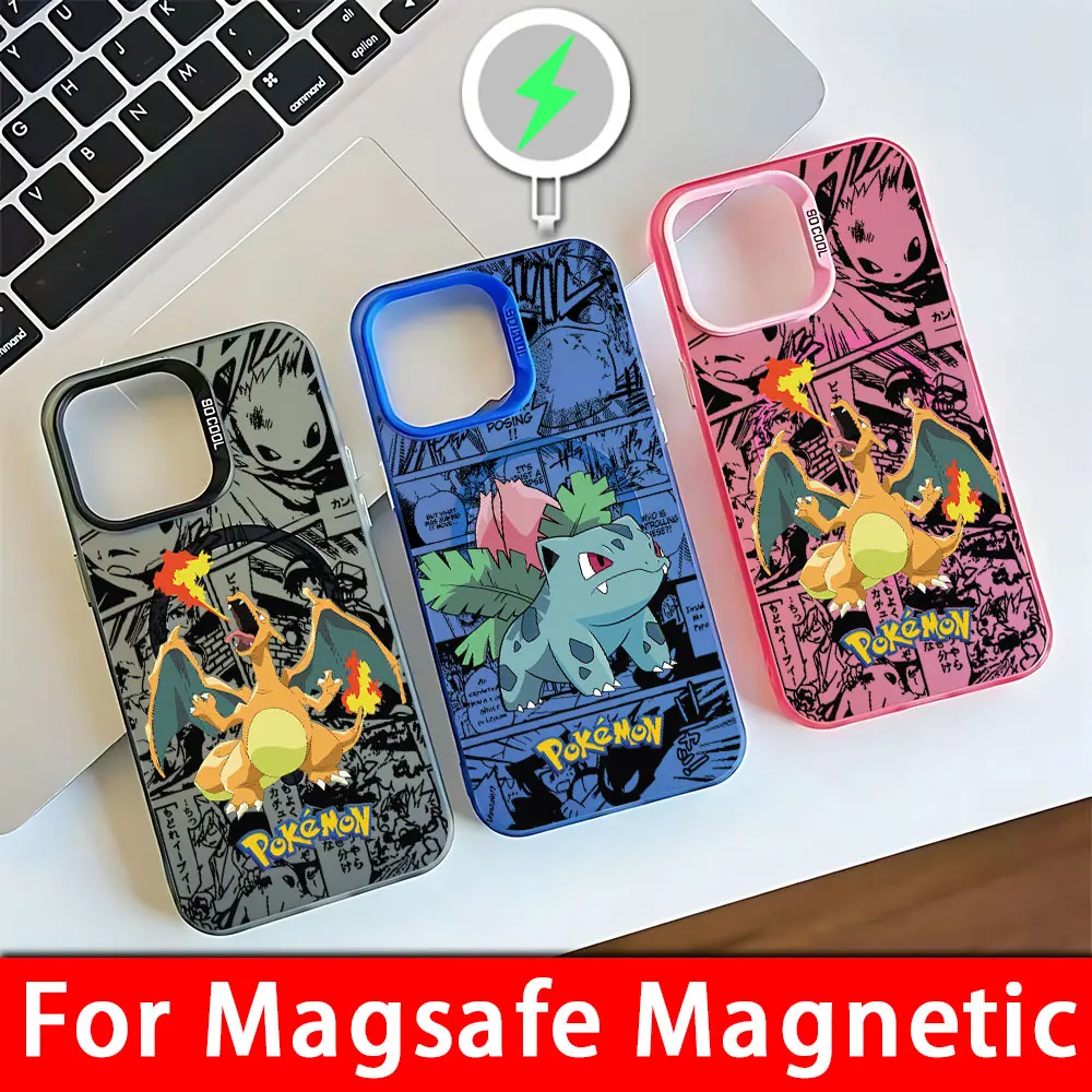 Anime Charizard Bulbasaur Pokemens Magsafe Magnetic Phone Case for IPhone 11 12 13 14 15 16 Pro Max Plus Silver Plated Cover