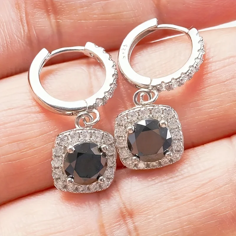 Cool Dark Black Moissanite Classic Earrings for Her, Simple Elegant Engagement Jewelry 925 sterling silver earrings for women