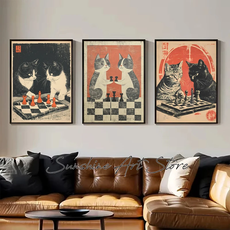 Cats Playing Chess Vintage Style Cat Art Retro Comic Cats Chess Abstract Poster Canvas Painting Wall Pictures Home Decor Gifts
