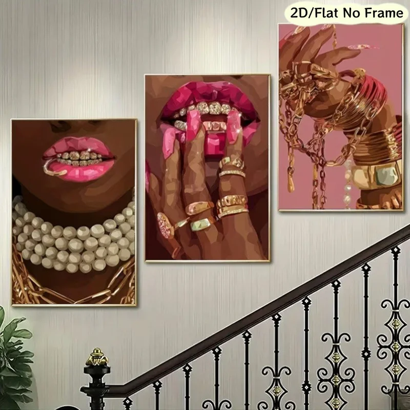 （NO Frame 3PCS）-2D Flat, 2D Flat, 2D/FLAT, Frameless, 3pcs - Depicting a Woman Adorned with Jewelry, Focusing on Her Lips And
