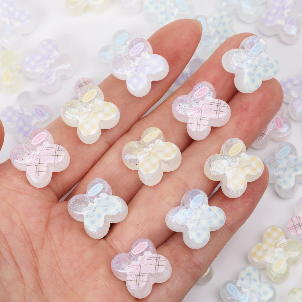 10/20pcs Random Color 15mm Plaid Bow Clover Shape Acrylic Loose Beads DIY Bracelet Handmade Craft Supplies