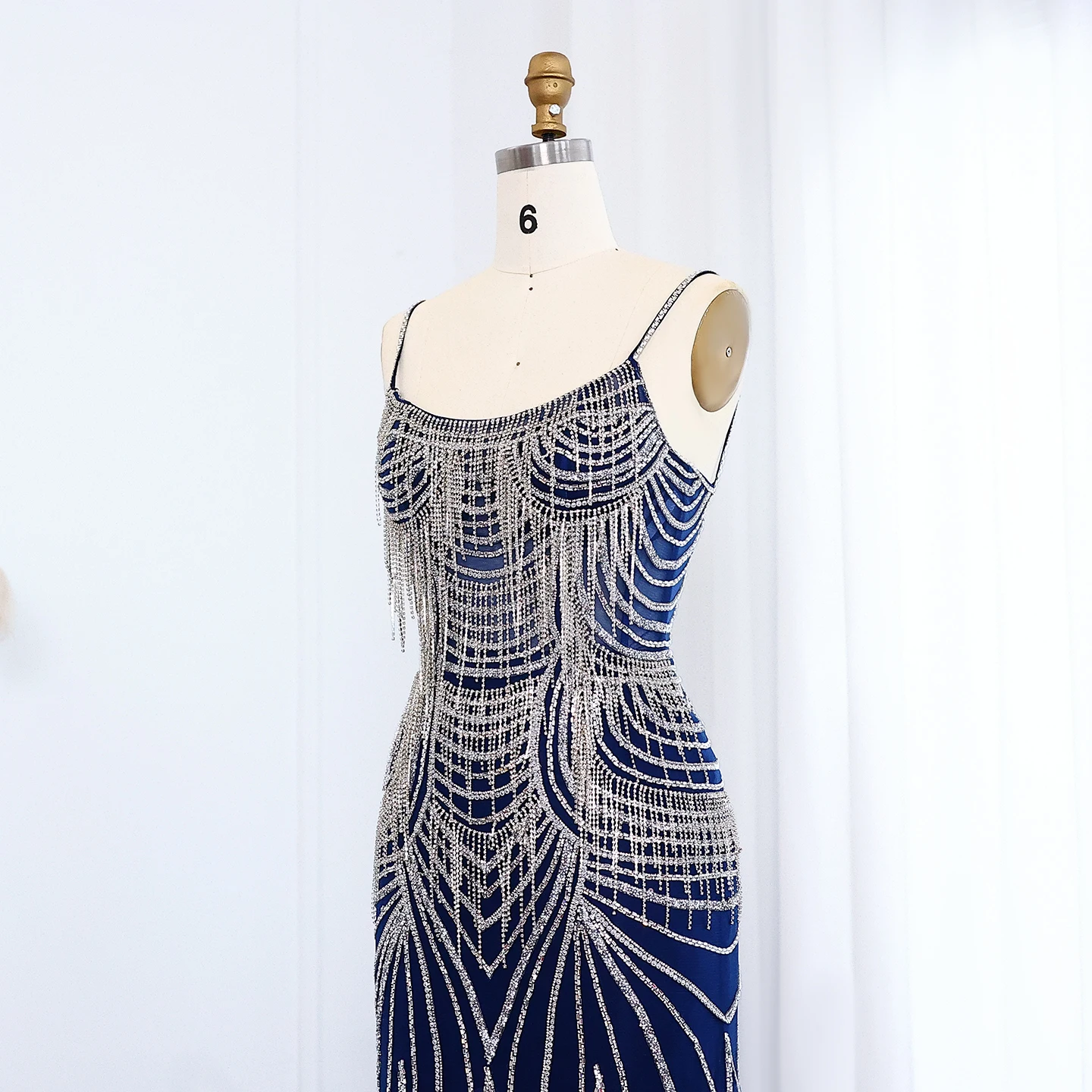 Sharon Said Luxuriöses Champagner-Abendkleid mit Spaghettiträgern, Perlenbesetztes Meerjungfrauenkleid, bodenlang, für formelle Anlässe und Partys, SS029, maßgeschneidert – Detail 18