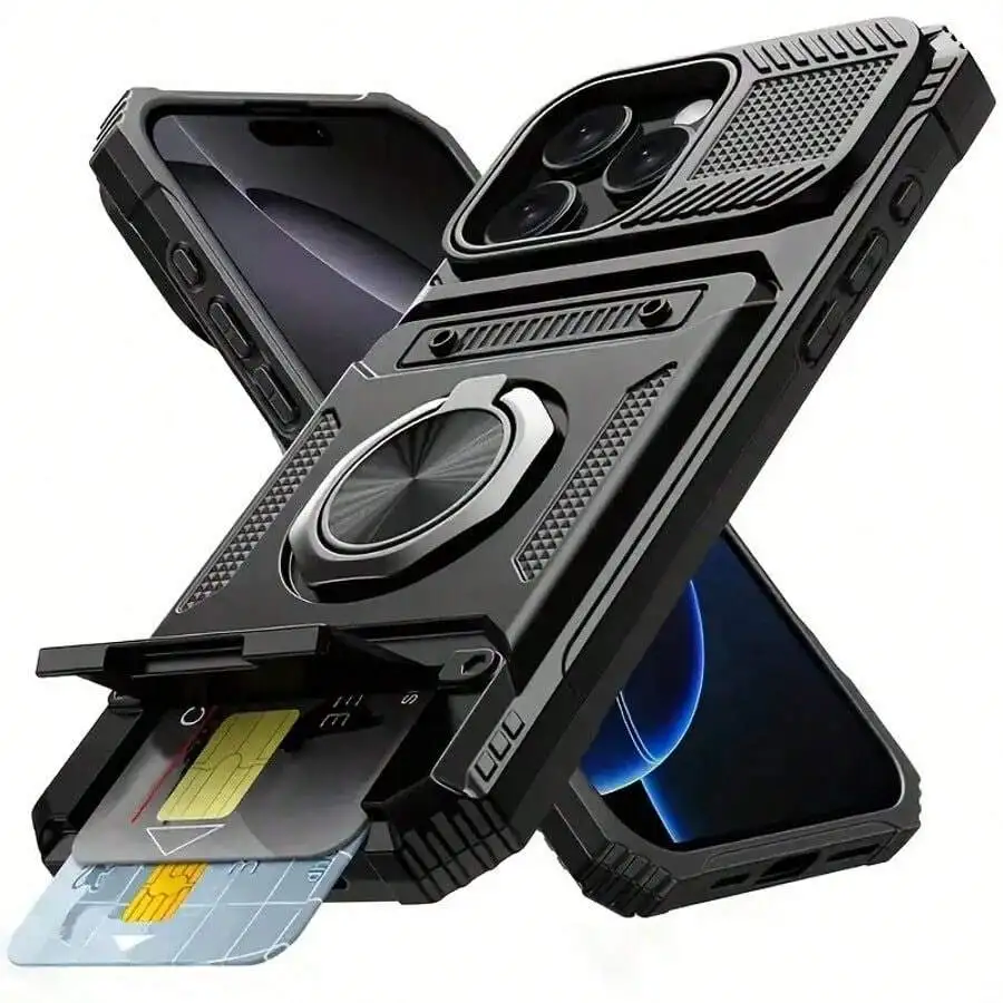 Kompatibel mit iPhone 17 Pro Max/17 Pro/17,16,15,14,13 Pro Max – Handyhülle mit integriertem Ringhalter und Kartenfach.