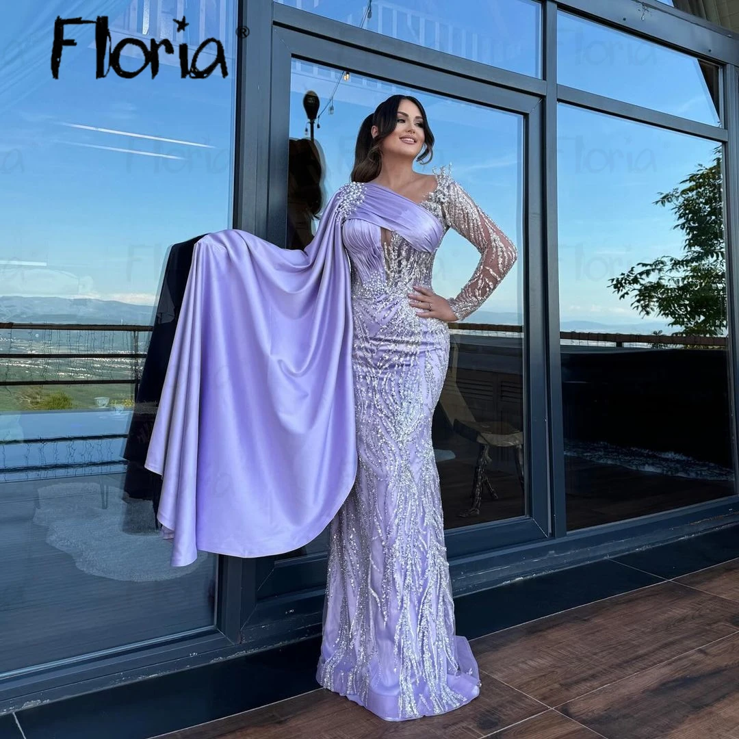 Floria Dubai Luxury Lilac Evening Dress with Cape Sleeves Midi Long Arabic Women Wedding Party Gowns Beading Birthday Night Gown