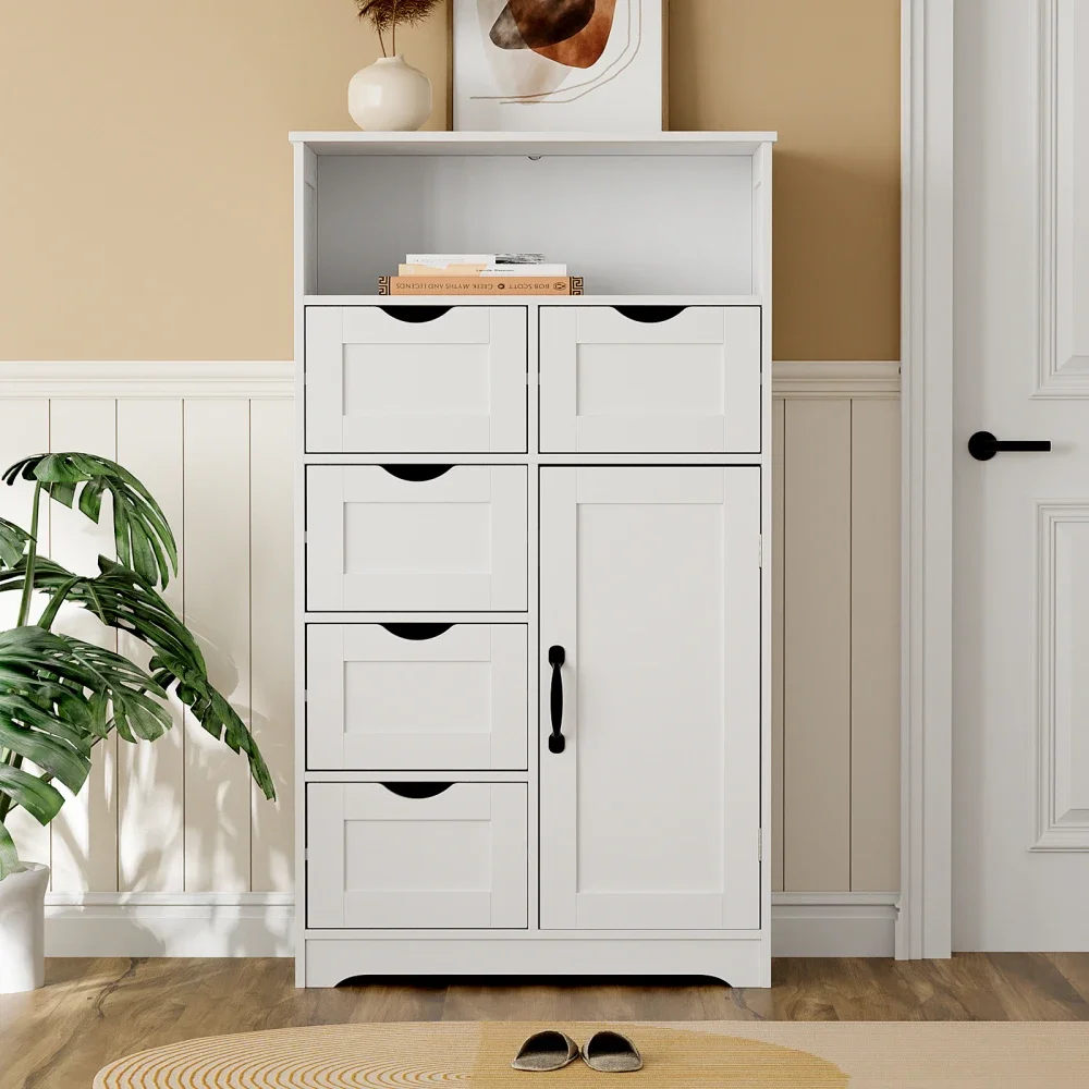 

Storage Cabinet with Five Drawers and One Doors,Free-standing Cupboard for Kitchen/Living Room/Bathroom Use, Wooden Funiture