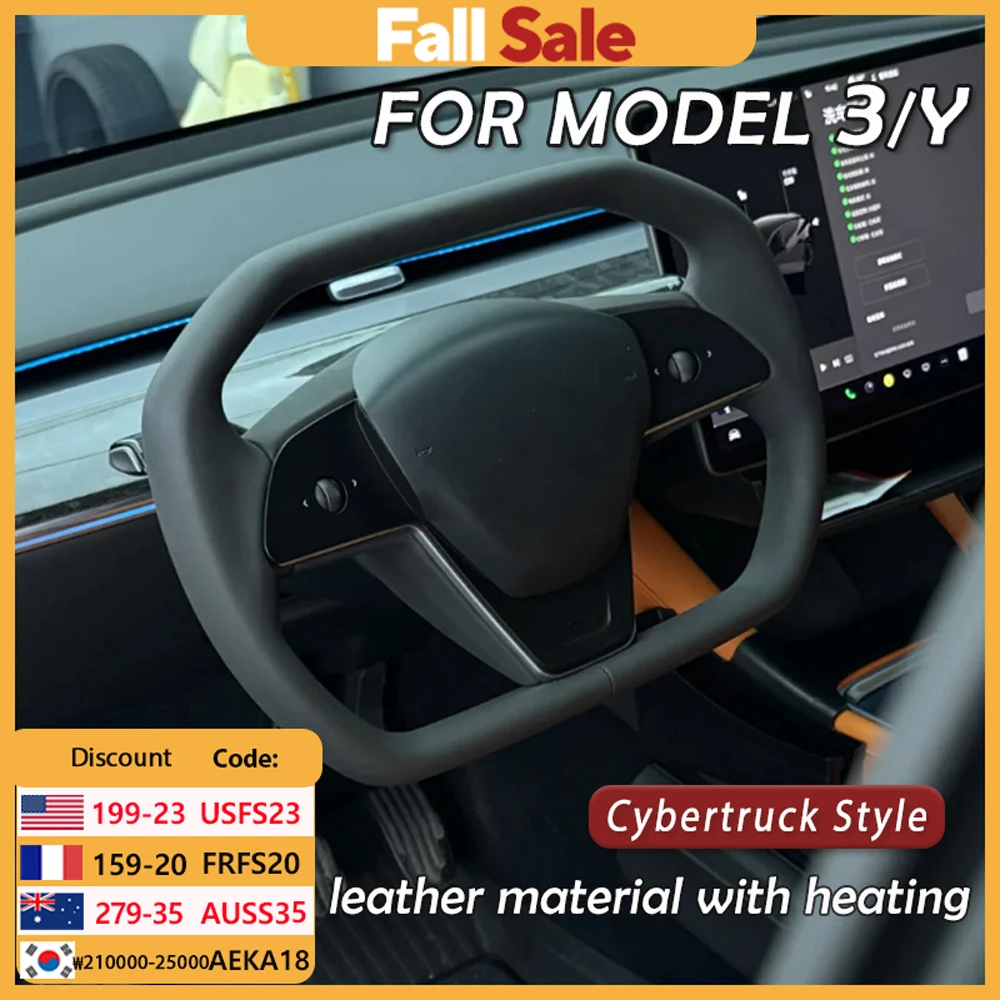 

Car Steering Wheel Inspired By Cyberpack Style for Tesal Model Y/3 Highland with Heating Function Black Leather Yoke 2018-2024