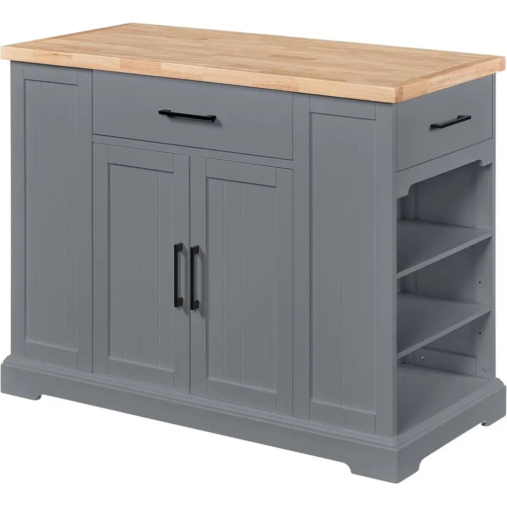 

46 Wide Wooden Mobile Kitchen Cart with 3 Drawers and Shelves, Gray Sideboard for Dining/Living Room