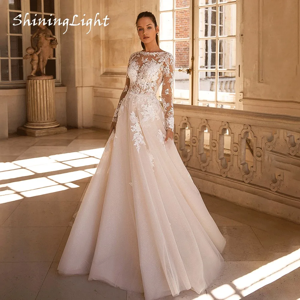 

ShiningLight Vintage A-Line Wedding Dresses O-Neck Long Sleeve Vestido De Novia Appliques Lace Soft Tulle Bridal Gown Customized