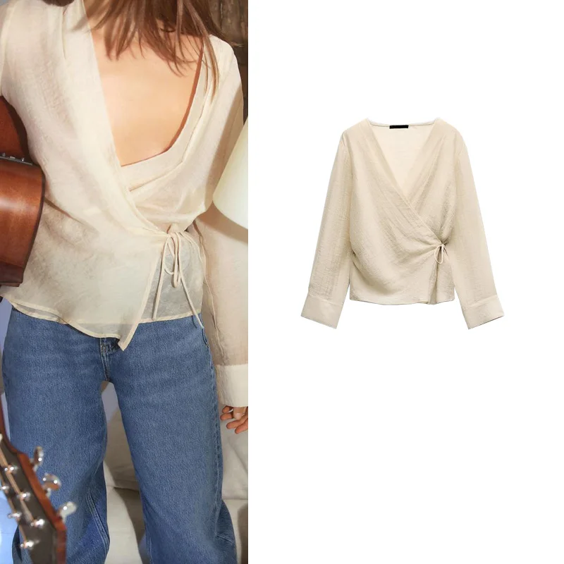 

Comfortable Long Sve V-Ne Transparent Double Button irt Spring New Arrival Simple Versatile Pure Desire Sle Women's ...
