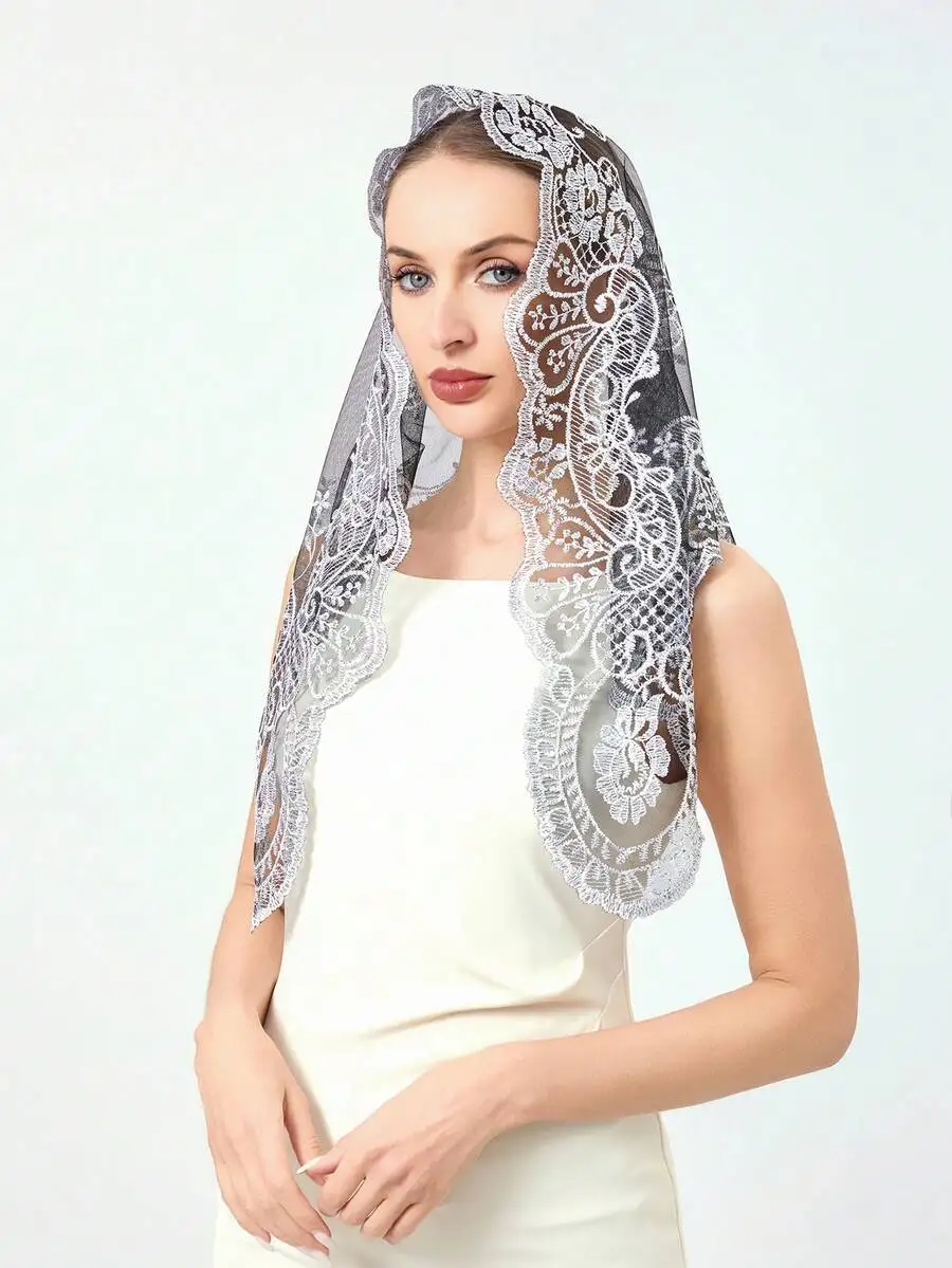 

Womens Lace Embroidered Floral Shawl Triangle Scarf Bridal Veil Headpiece
