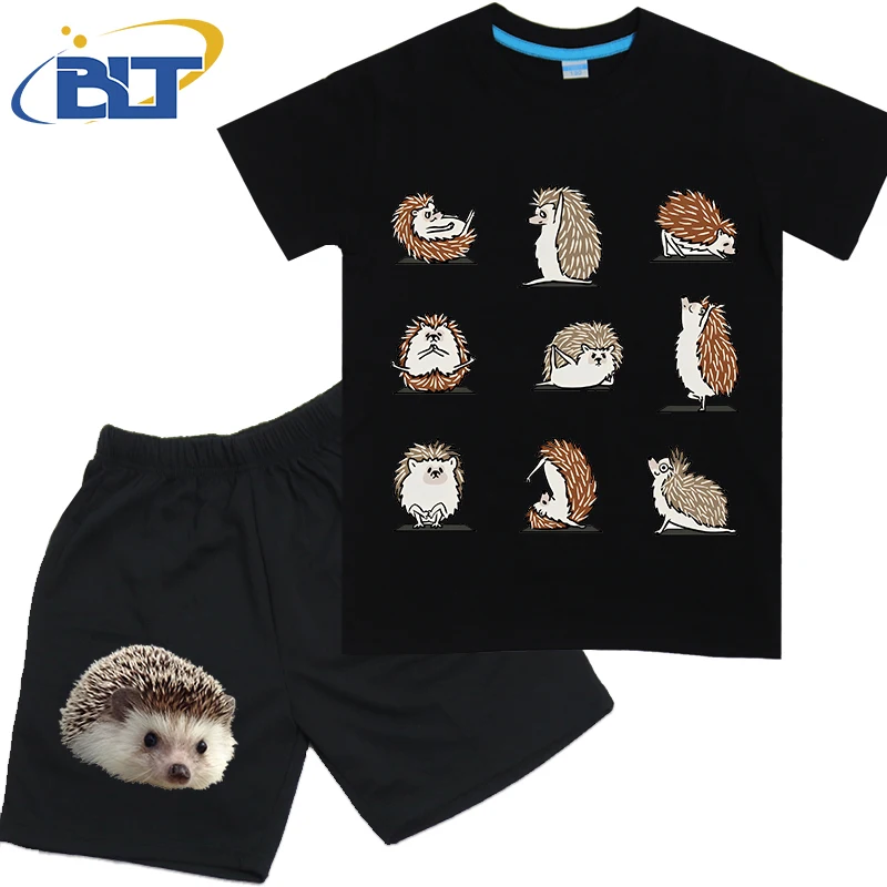 Hedgehog Yoga printed kids T-shirt set summer children's cotton short-sleeved shorts 2-piece set for boys and girls