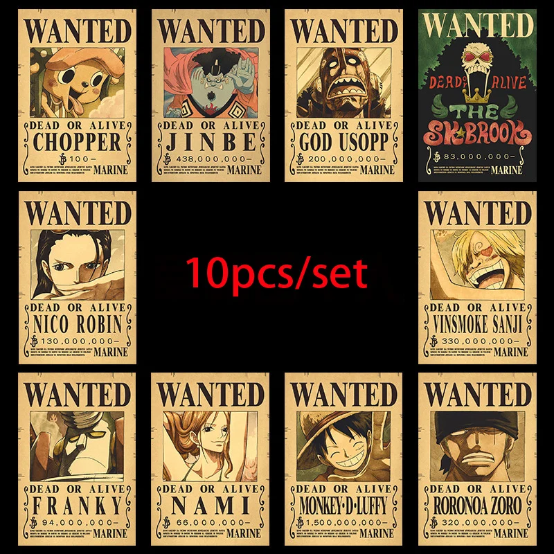 10pcs Anime One Piece Luffy 3 Billion Zoro Bounty WantedPosters Four Emperors Kid Action Figures Vintage WallDecoration Poster