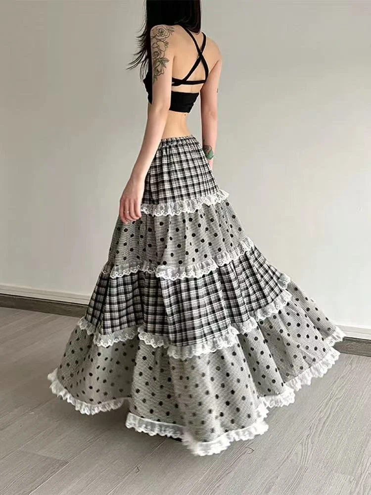 Vintage Patchwork Plaid Midi Rokken Vrouwen Y2K Sweet Lolita Alle Match Een Lijn Rokken Japanse Losse Preppy Casual Geplooide Rokken