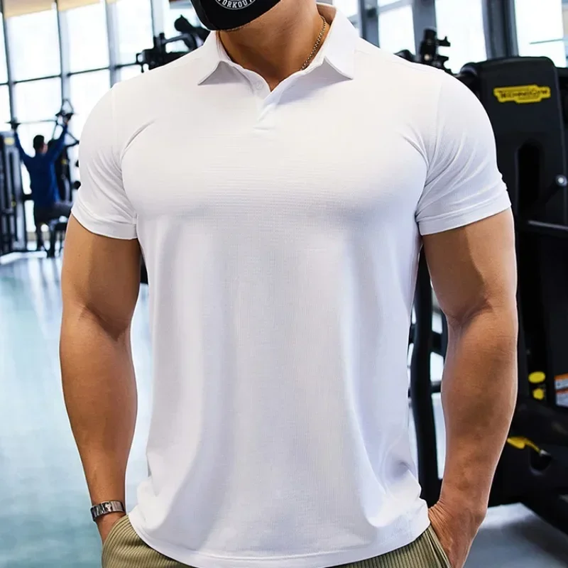 Men Short Sleeve Running T-shirt Outdoor Fitness Muscle Fit Shirt for Male Gym Jogging Sports Tops Tennis Elastic Breathable Tee