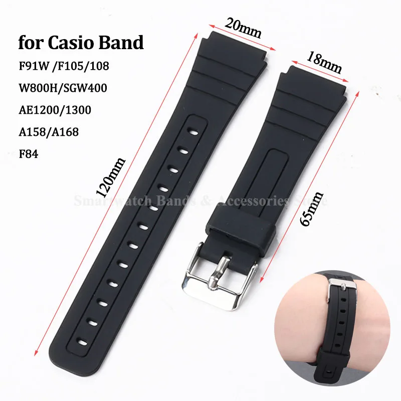 18mm Rubber Watch Strap for Casio F105/108 A158/168 AE1200/1300 W800H SGW400 F84 F91W Silicone Waterproof Watch Band Bracelet