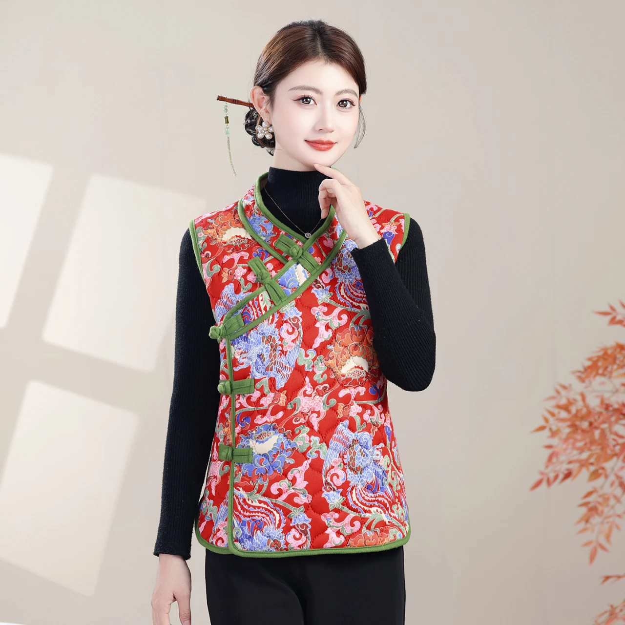 Lente Herfst Dames Jaet Vest Bovenkleding Verdikte polyestervezel, middelbare leeftijd en ly Kleding met bloemenpatroon