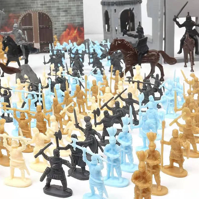 100PCS Medieval Soldiers Model 1:72 Scale Blue Gold Gray Yellow Multiple Postures Miniature DIY War Scene Role-Playing Props ZYF