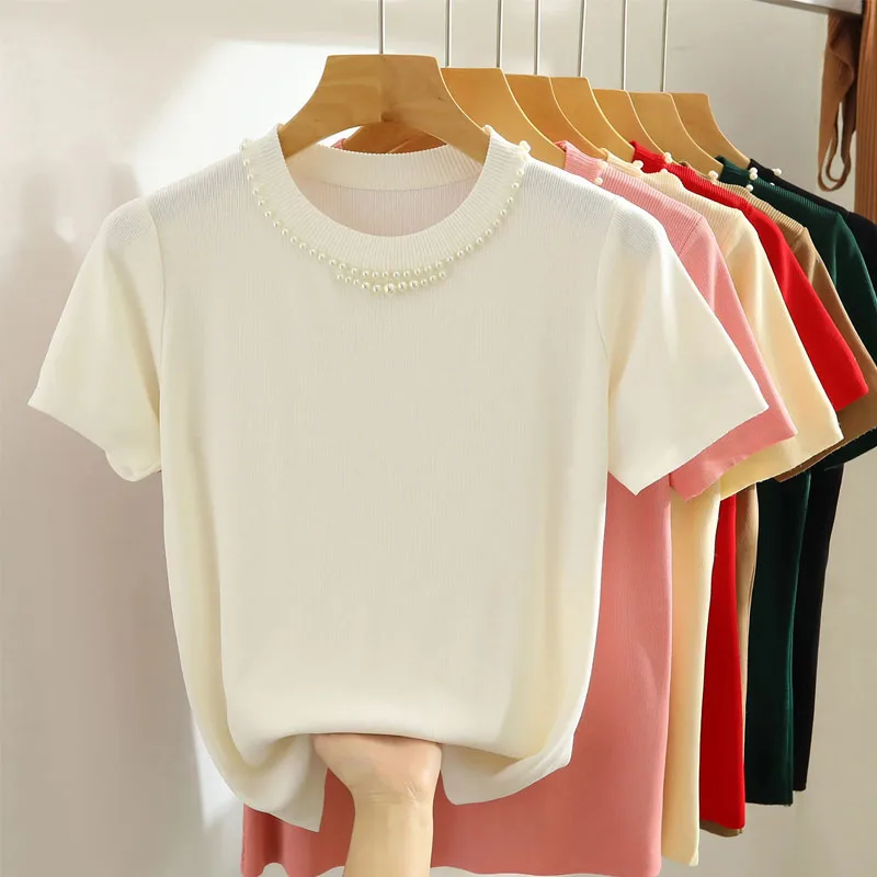 Fashion Short Sleeve Knitted Sweater Women Pullovers Beading O-Neck White Knit Sweater Pullover Women Tops Sueter Feminino Q3406