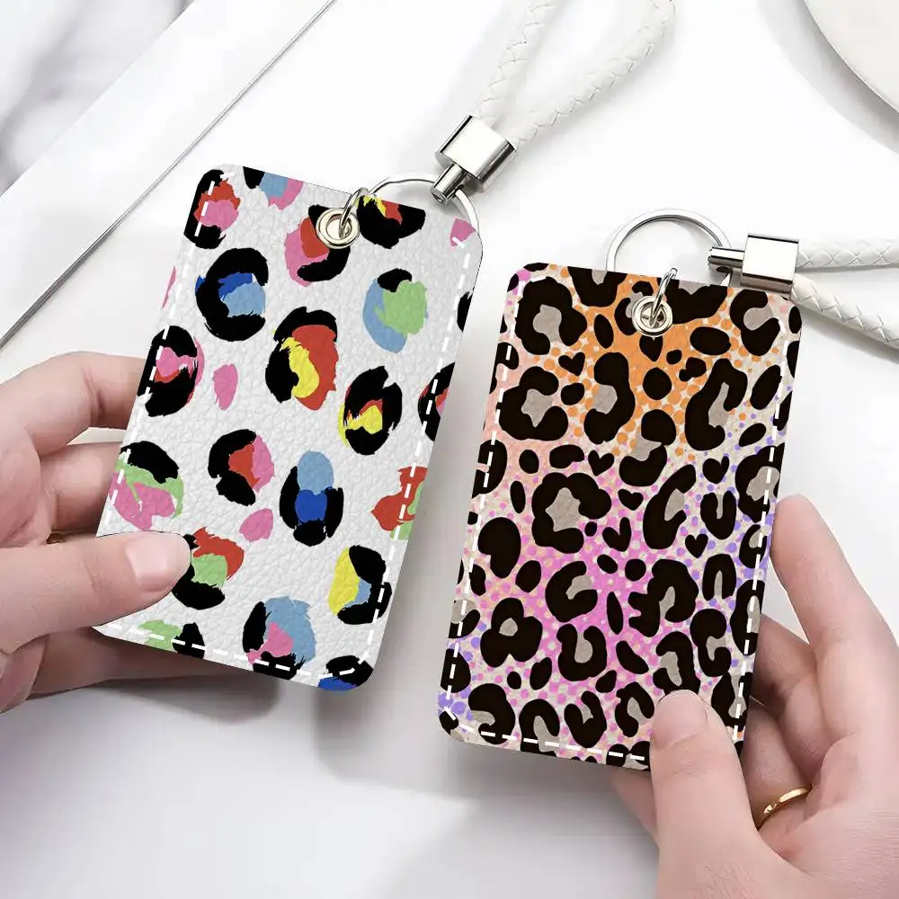 Leopard Print Card Case Keychain Access Card Bag Key Tag Ring Leather Card Holder Key Ring Access