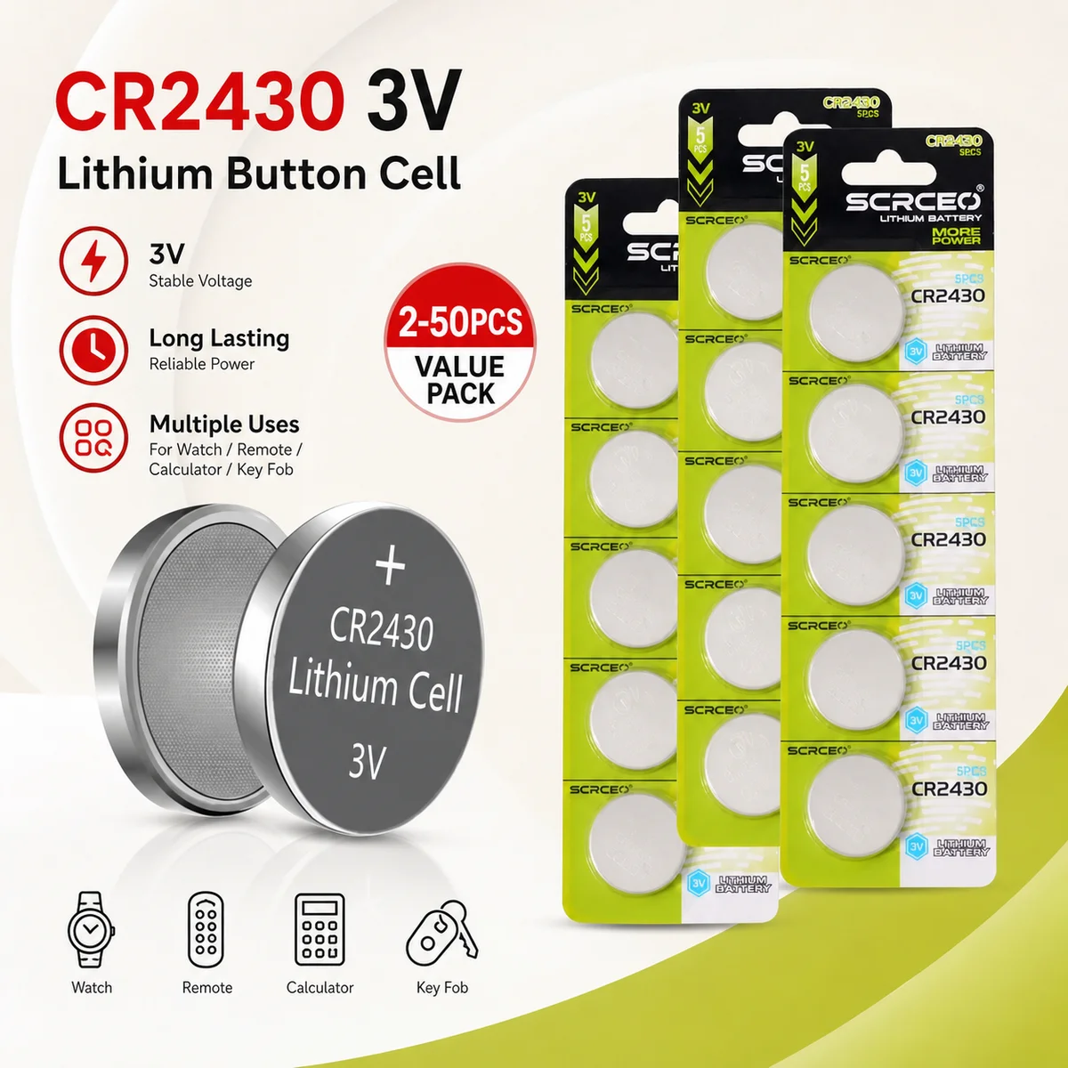 Lithium Coin Cell Battery CR2430 3V DL2430 Button Battery for Key Fob Watch Alarm Clock Remote Control Stable Power